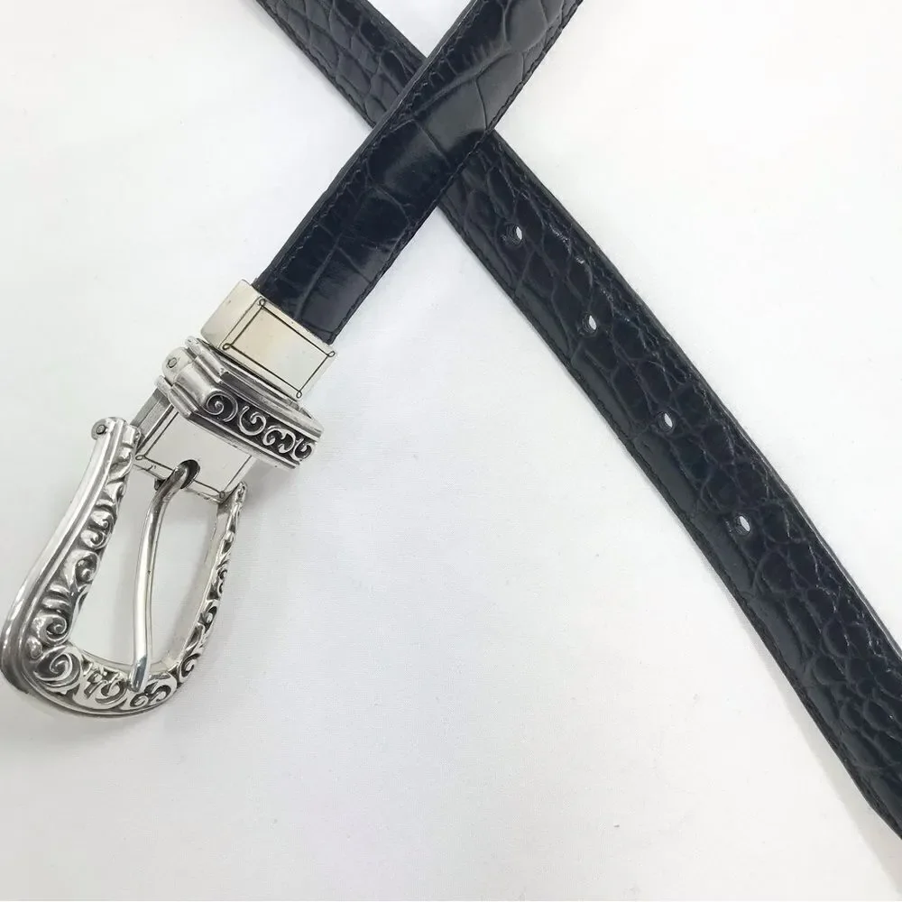 Brighton Black Brown Reptile Embossed Silver Scroll Hardware Reversible Belt